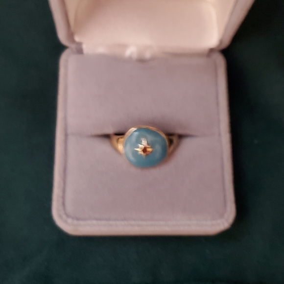 Vintage Gold Tone & Blue Emamel Turquoise Celstial Star Ring Size 7 Mid Mod - Picture 4 of 7